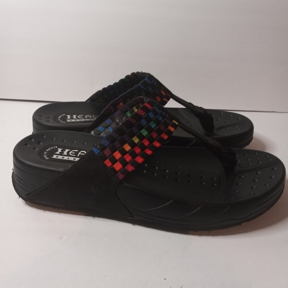 HEAL SELECT BLACK MULTICOLOR COMFORT WEDGE FLIP FLOP SANDALS 10 M PREOWNED. - Picture 3 of 9